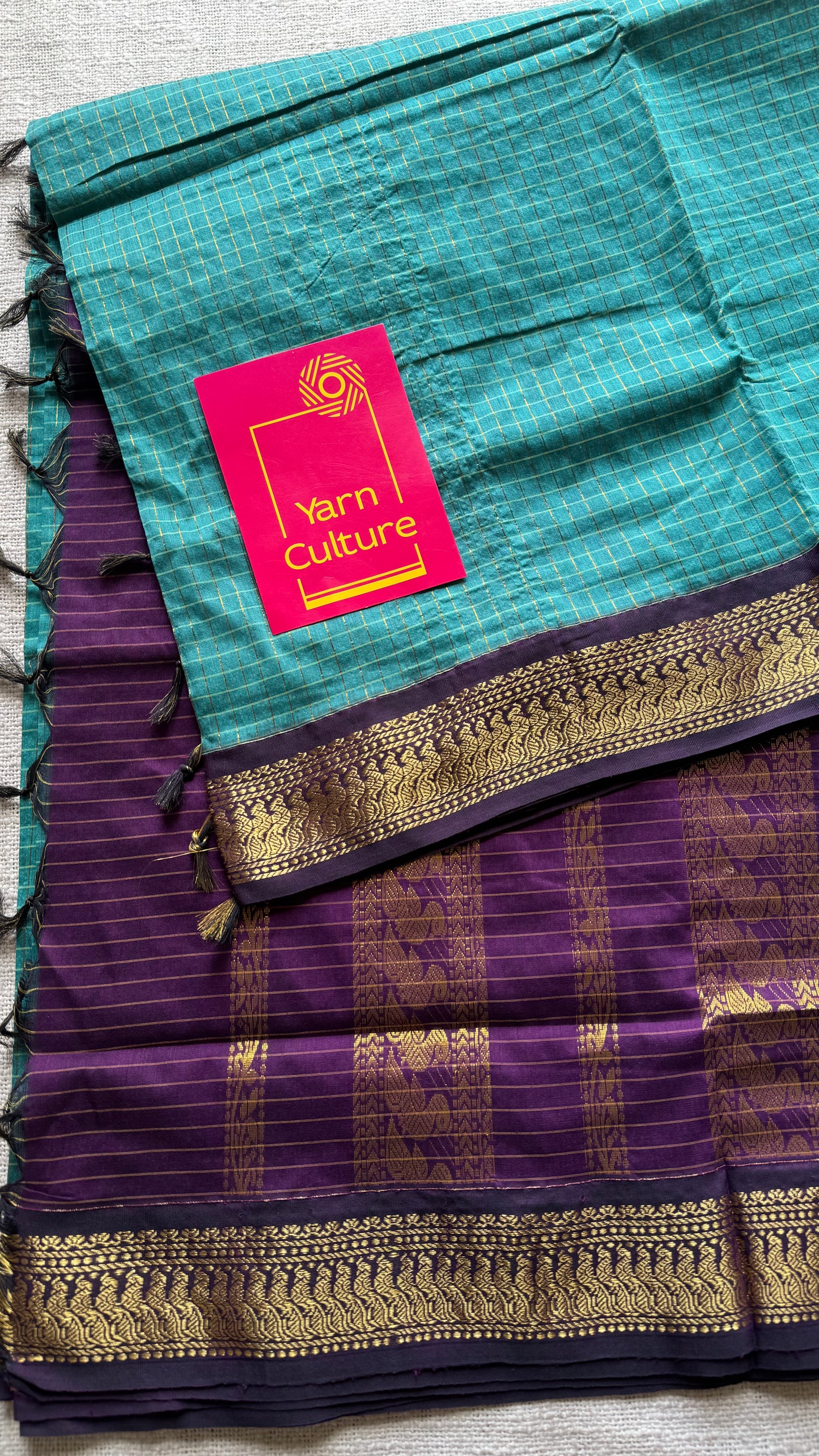 Turquoise with dark wine, checks - cotton silk - YCCOTNOCKC38