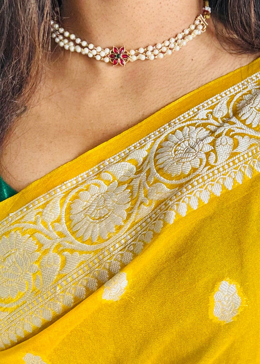 3 layered pearl neckpiece, floral pendant, with earrings - YCGPNP641