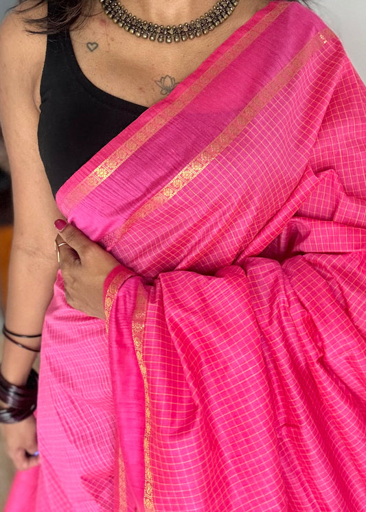 Hot pink, arani checks, cotton silk - YCCOTNOCAR08