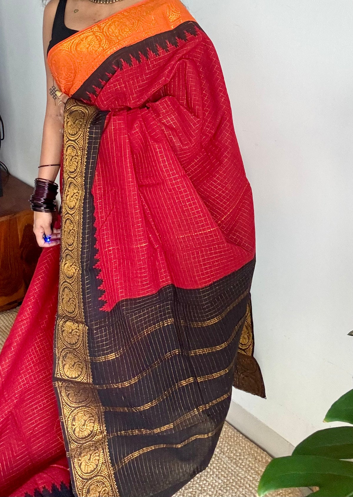 Sungudi cotton checks, red base, orange and black dual tone border, soft cotton - YCCOTNMSSE12
