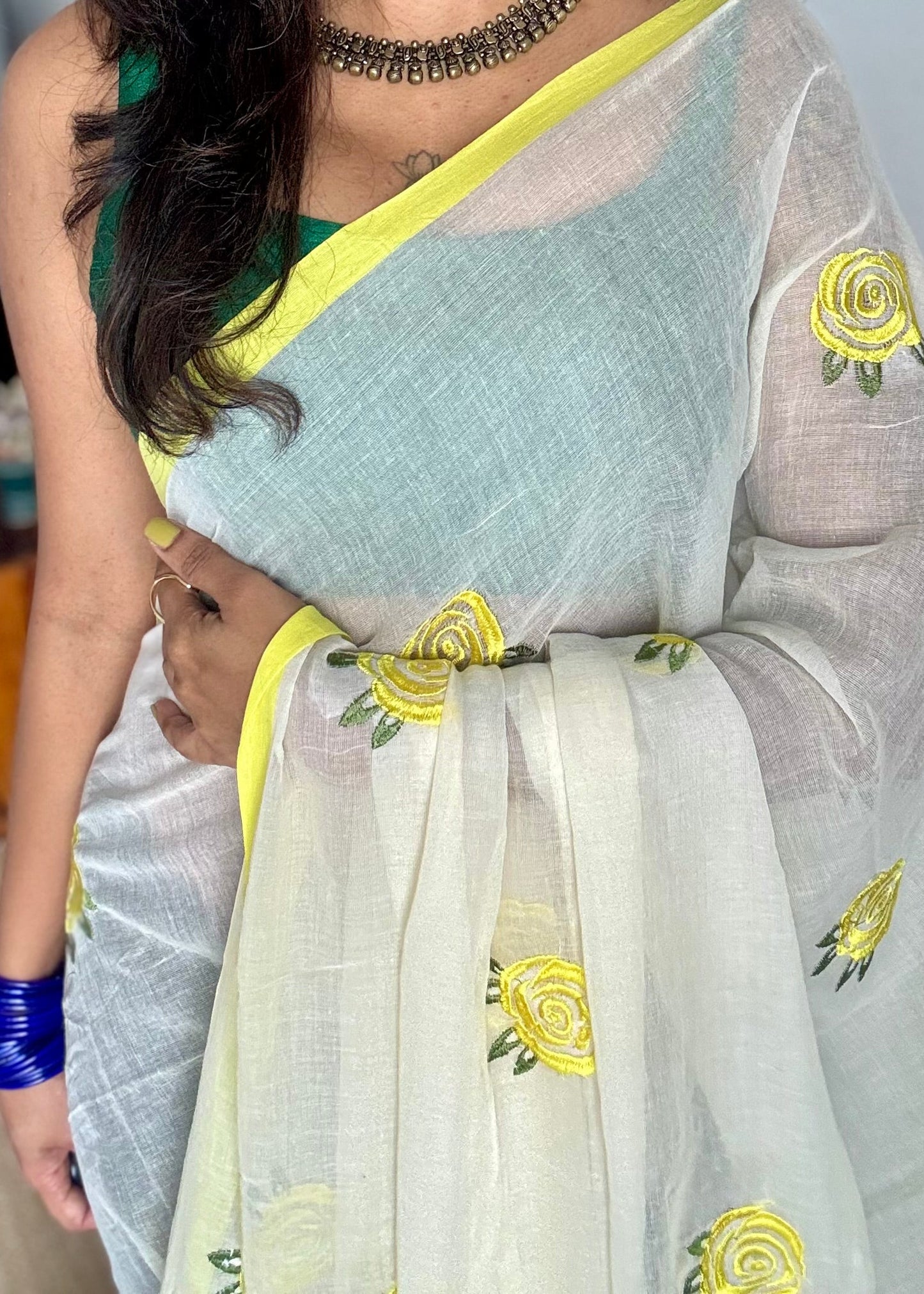 Cream mul with lemon yellow rose thread embroidery - YCBCMCNO76