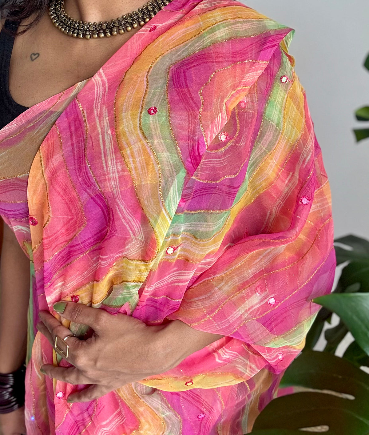 Pink multicoloured leheriya chiffon saree with mirror work  - YCTORLOC98