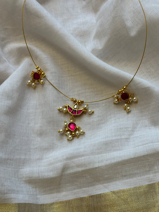 Invisible neckchain with jadau kundan stones & pearl hangings - ruby, white - YCGPNP692