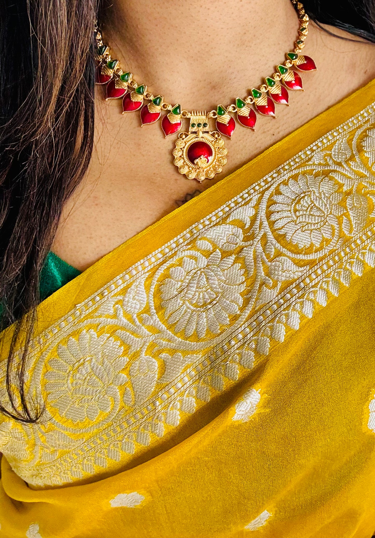 Red palakka pendant neckpiece, with earrings - YCGPNP632