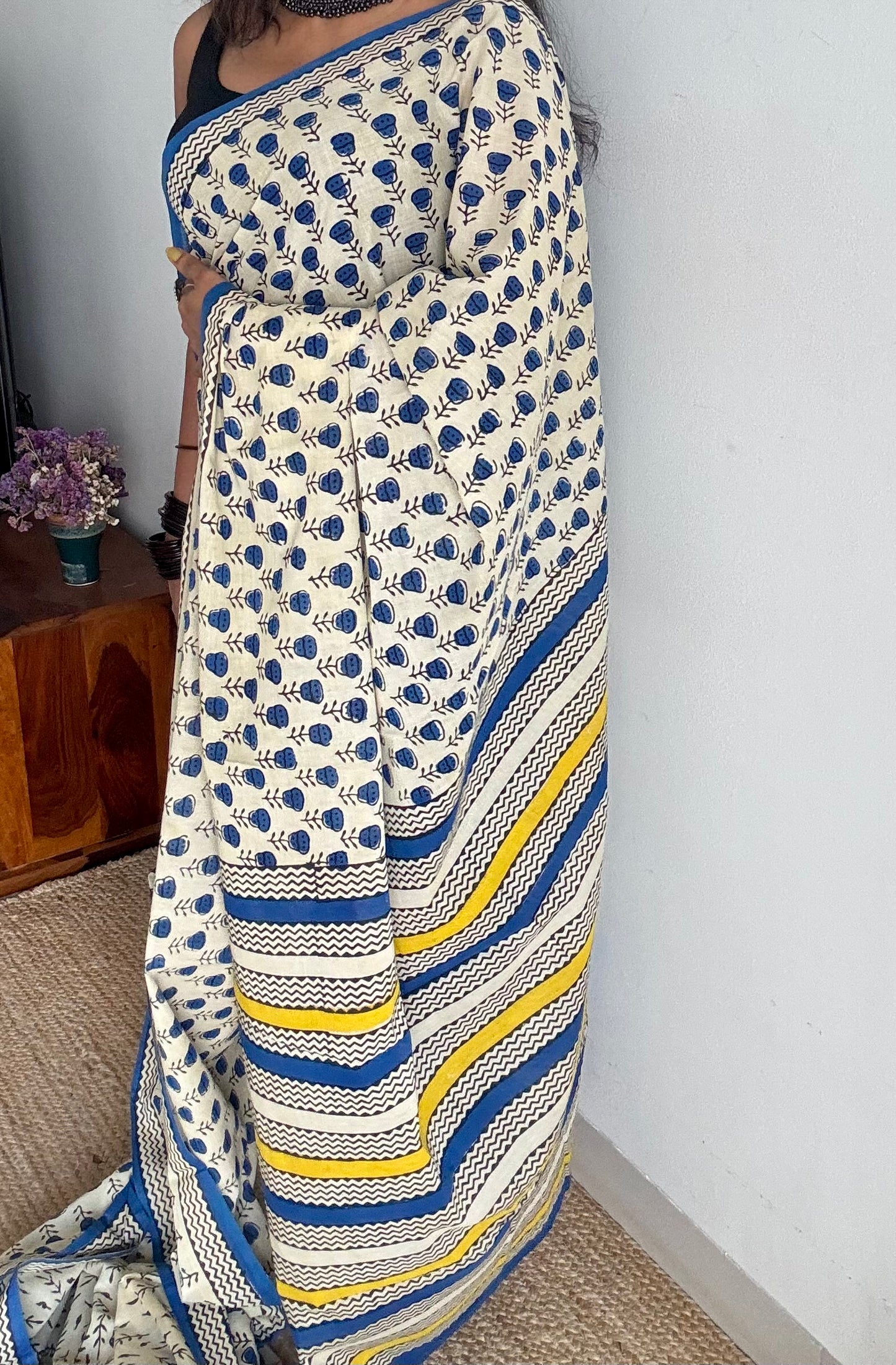 Beige with blue flowers, block printed soft cotton saree -YCTORCMA09