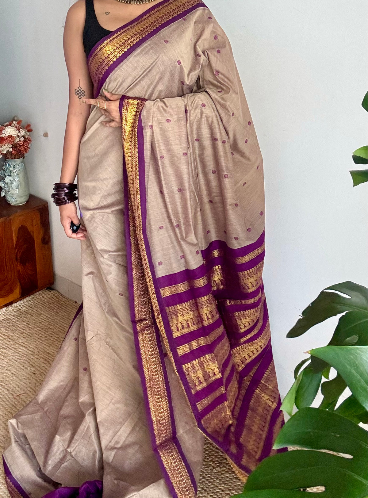 Warm grey with purple, cotton silk saree with zari border - YCCOTNKCOC107
