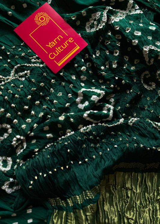 Dark green crushed bandhej pure modal silk saree with lagdi patta zari pallu - YCTOKBM328