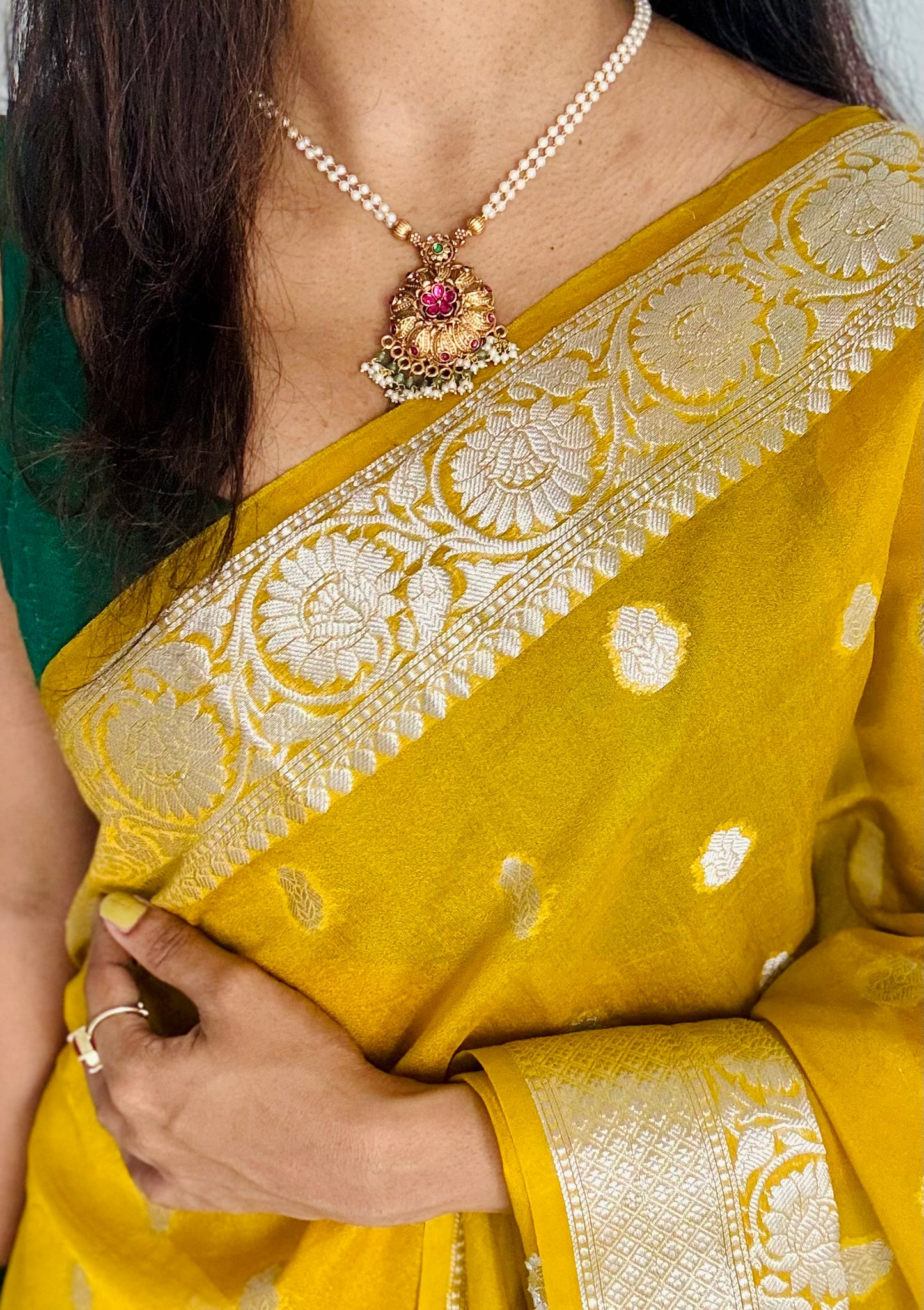 Floral ruby green pendant pearl chain neckpiece with earrings - YCGPNP667