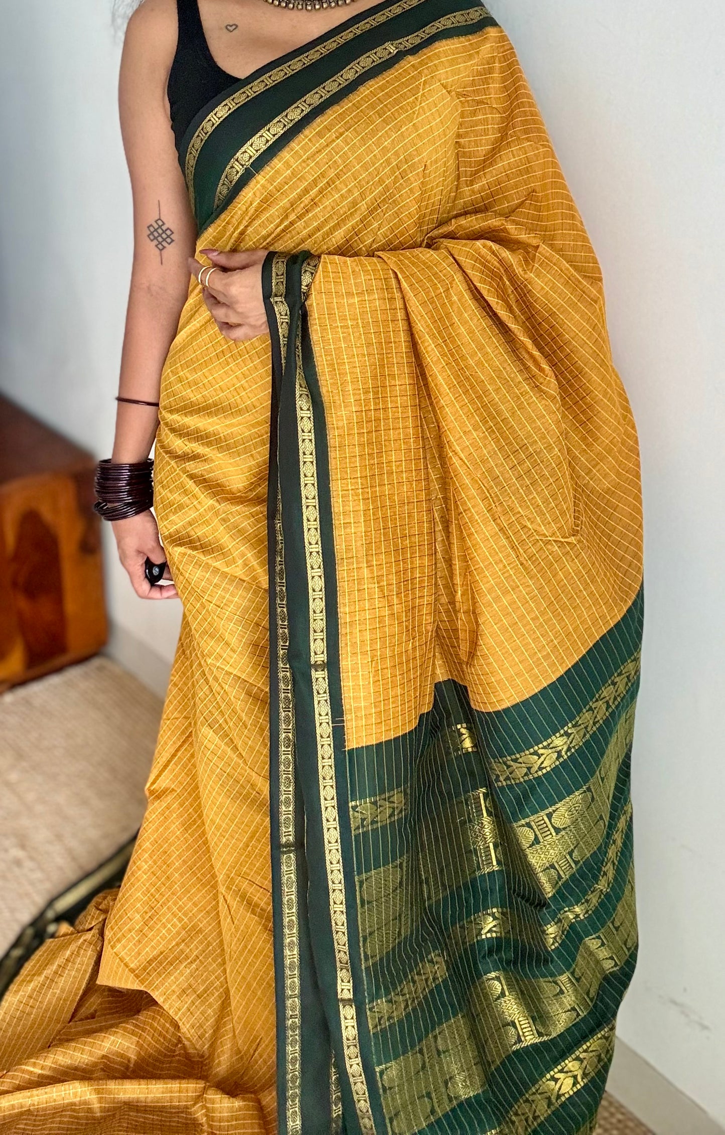 Mustard yellow with dark green contrast arani checkered saree, cotton silk - YCCOTNAUG12