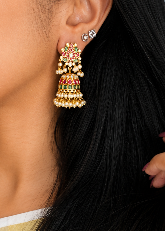 Ruby green pearl drops medium jhumka 1 - YCGPER828