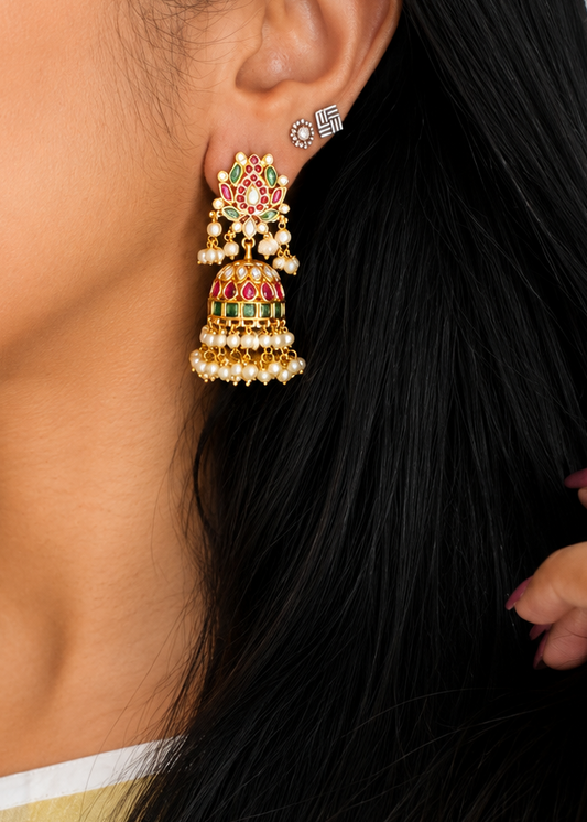 Ruby green pearl drops medium jhumka 1 - YCGPER828