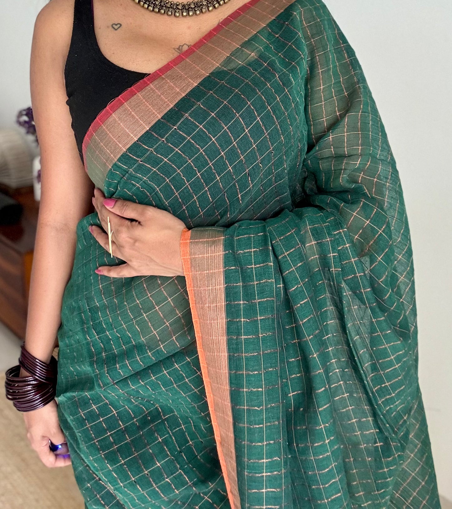 Green linen by cotton saree, gold checks & copper zari pallu - YCBCLCAP56b