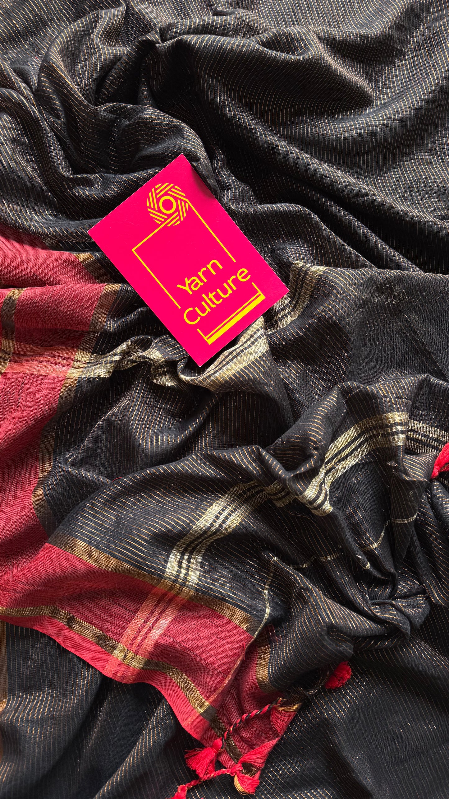 Black with red gap border, gold zari stripes, soft cotton - YCBCKCZDE133