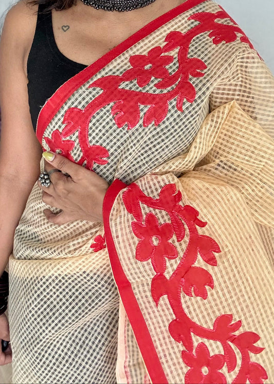 Rabdi Rose - cream kota saree with red floral cut work - YCTORKDAP14