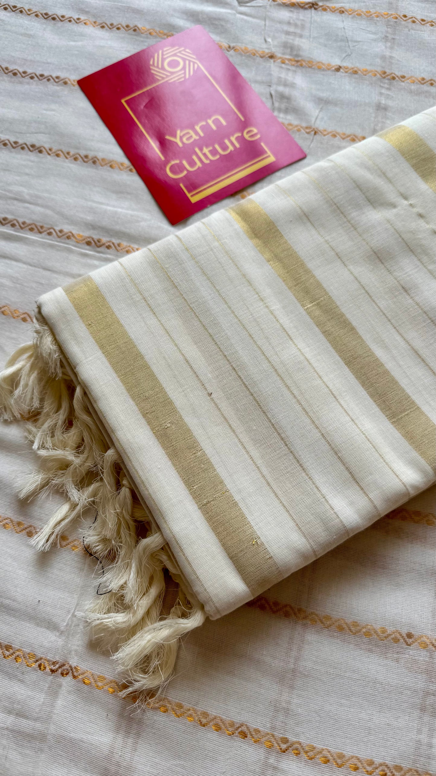 Ivory and gold kerala saree with gold stripes - YCIEON44