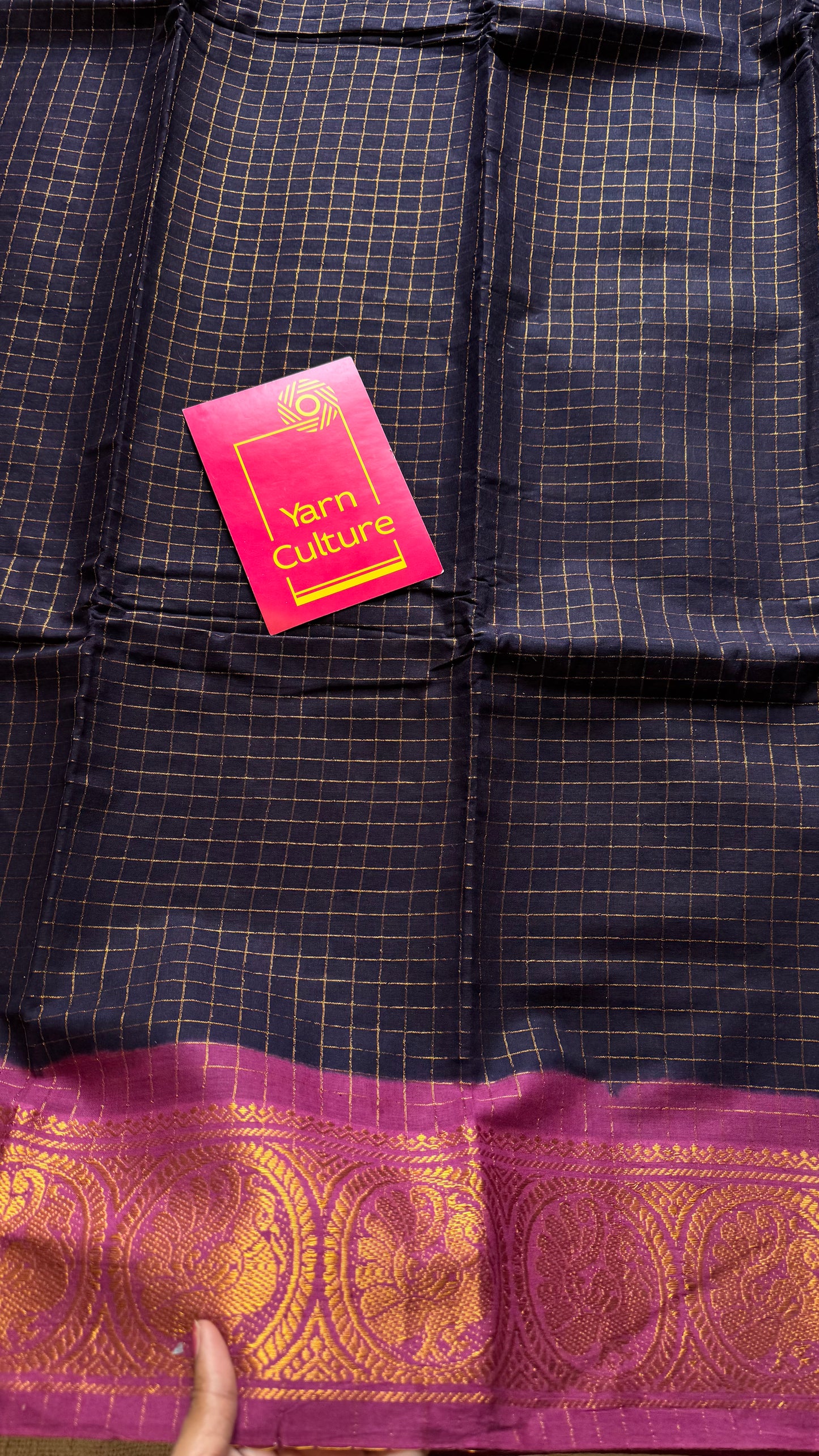 Dark blue with mauve pink contrast zari checkered sungudi, kattuchayam dyed madurai cotton - YCCOTNMSAP93