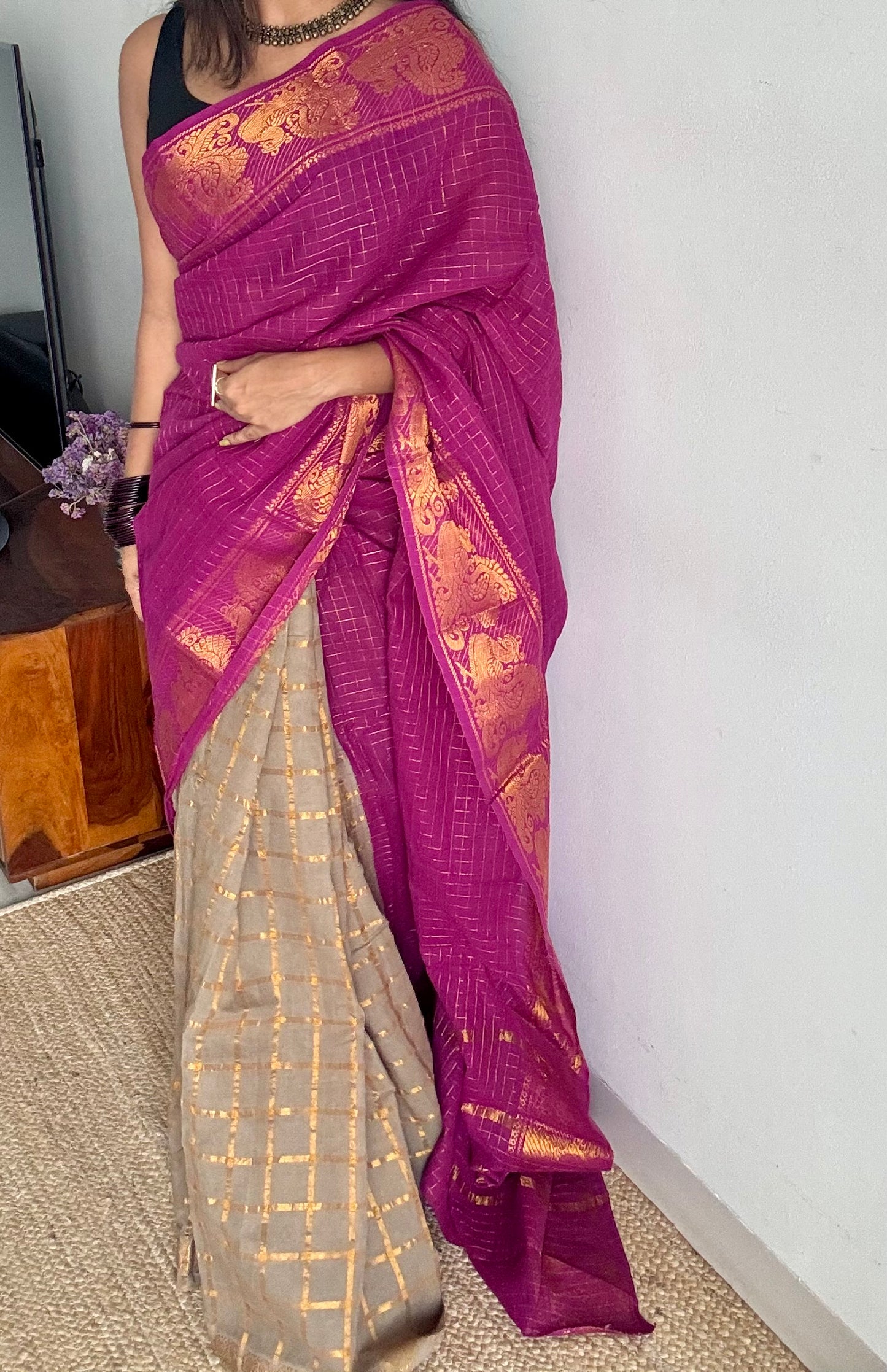 Magenta with warm grey, sungudi cotton half-half saree - YCCOTNMSFE345