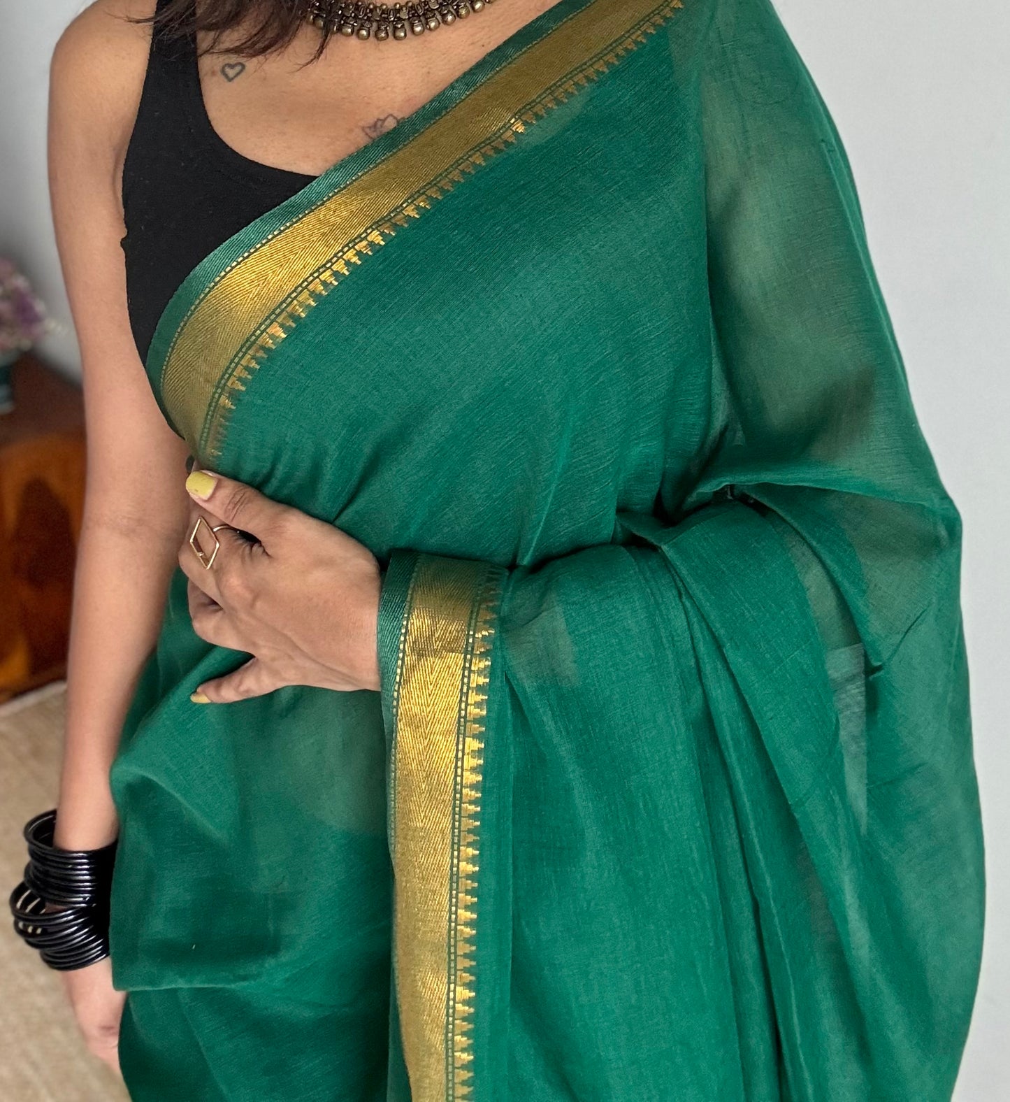 Dark green soft cotton with maheswari gold zari border - YCBCMCFE215