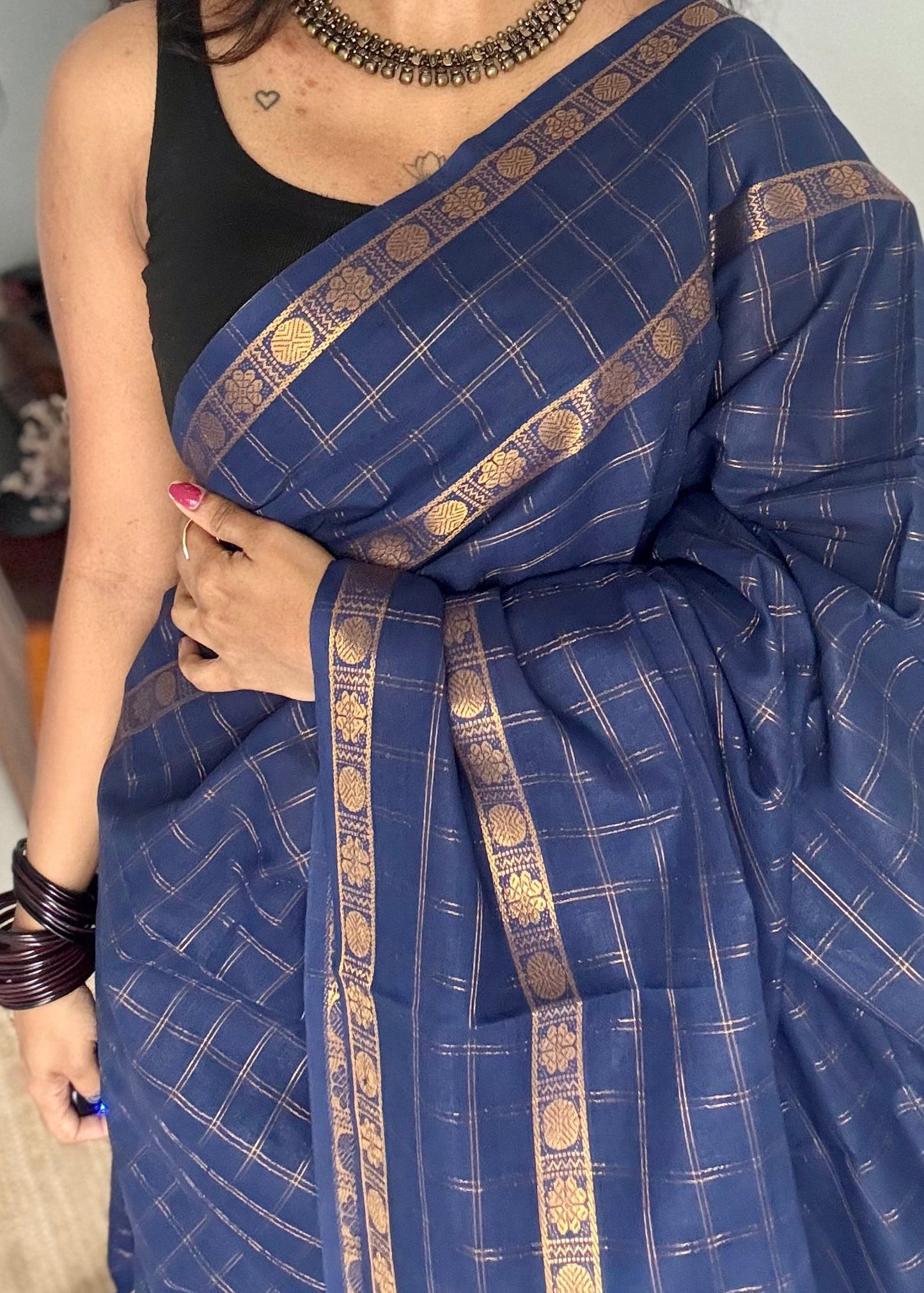 Navy blue adayar gold zari kattam, sungudi cotton - YCCOTNOCSC47