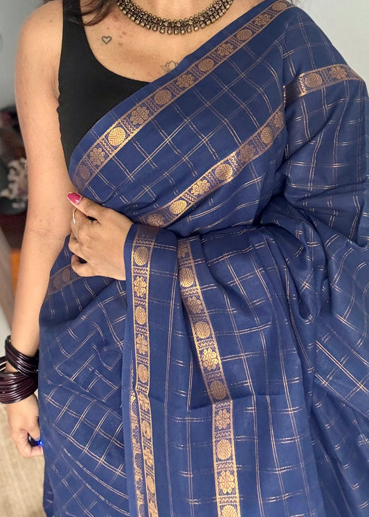 Navy blue adayar gold zari kattam, sungudi cotton - YCCOTNOCSC47