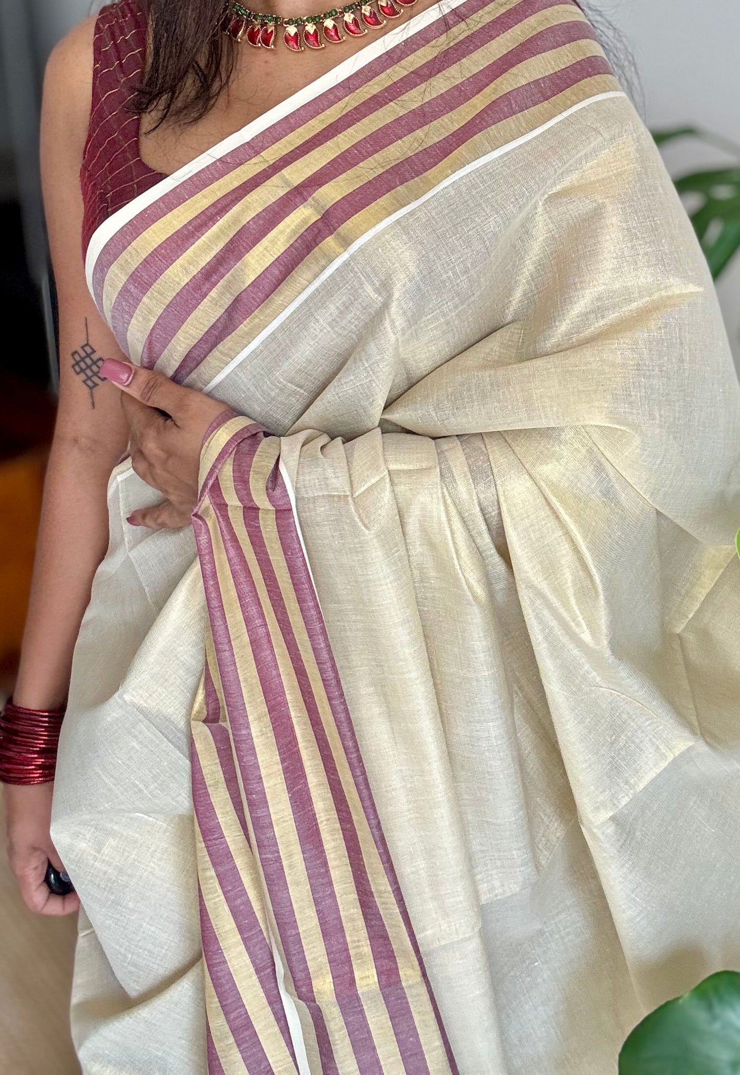 Ivory and gold soft tissue cotton saree, maroon border - YCIEON67