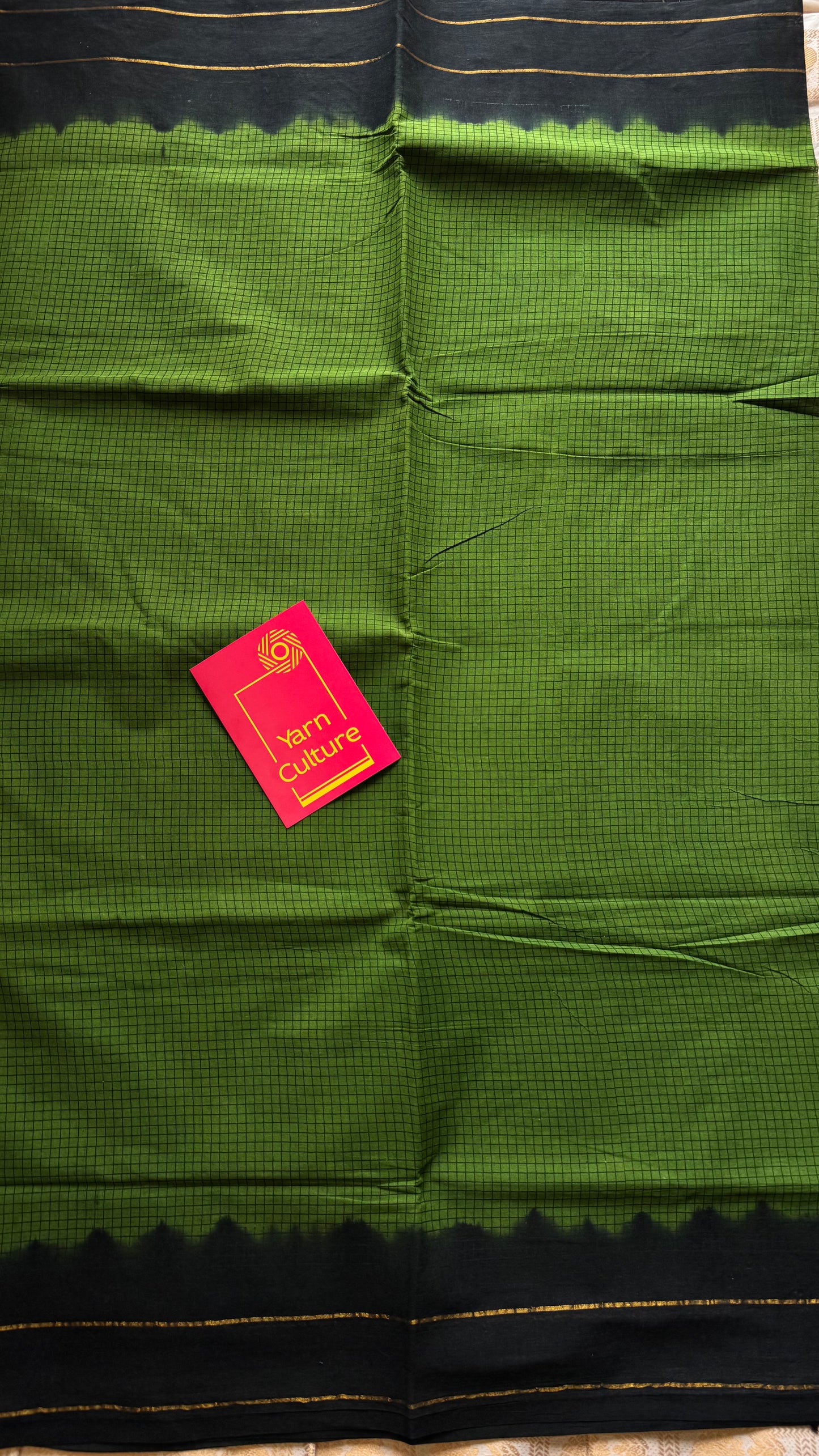 Green with black contrast, checkered kattuchayam dyed madurai cotton saree - YCCOTNMA233