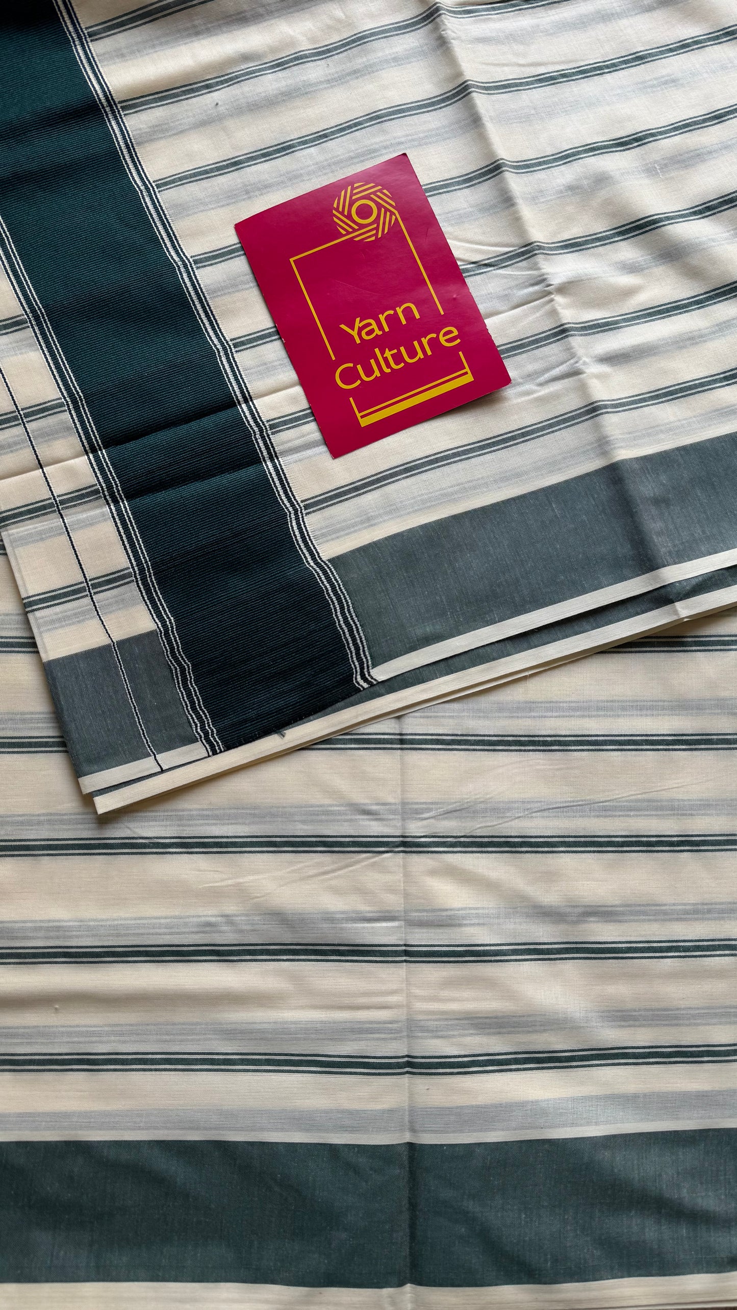 Ivory Kerala cotton saree with green stripes and border - YCIEKCFE323