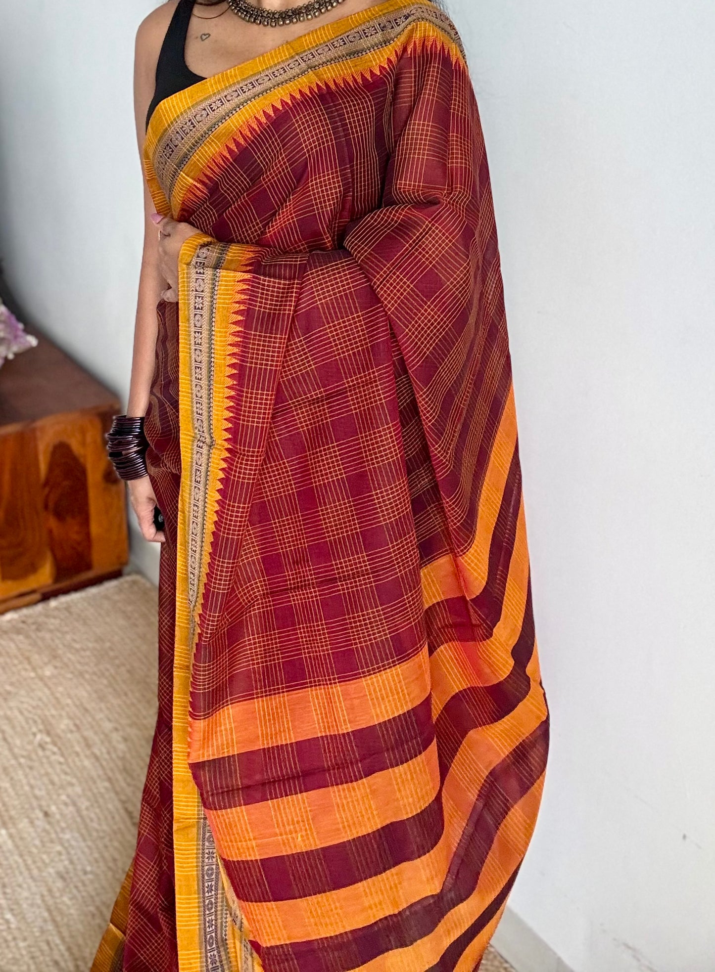 Maroon checks with yellow border, handloom, soft cotton - YCLOKC217