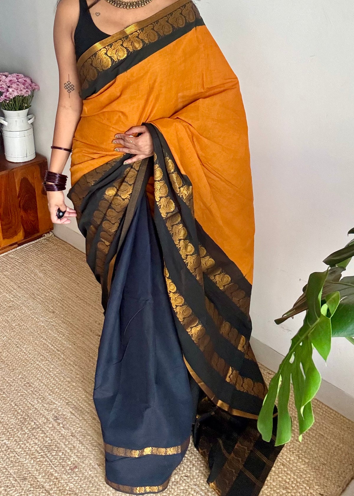 Turmeric yellow with black, cotton half and half saree - YCCOTNIDOC138