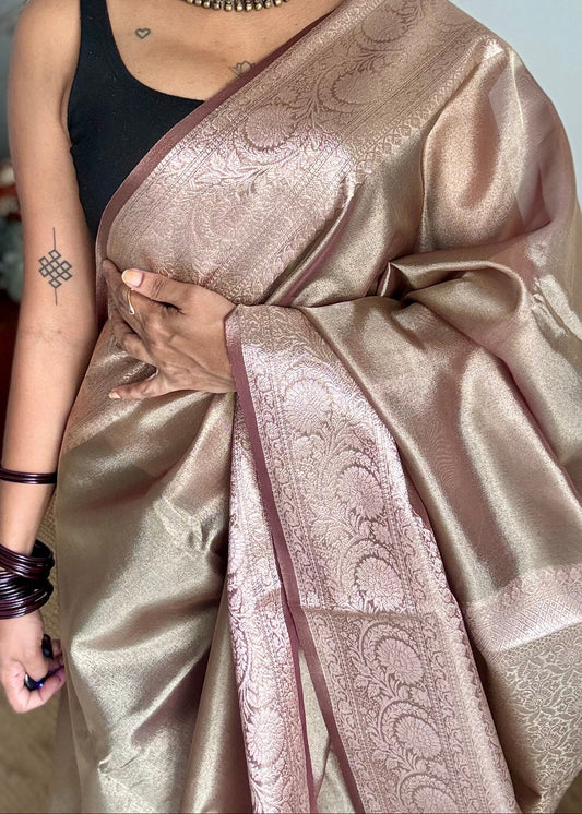 Champagne brown tissue Banarasi saree with zari border - YCBLTOC83