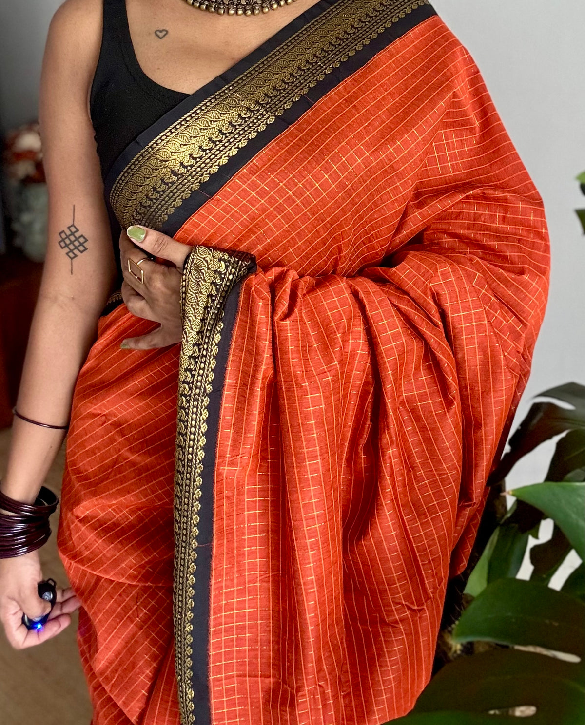 Orange with black, zari checkered saree, cotton silk - YCCOTNKCOC101