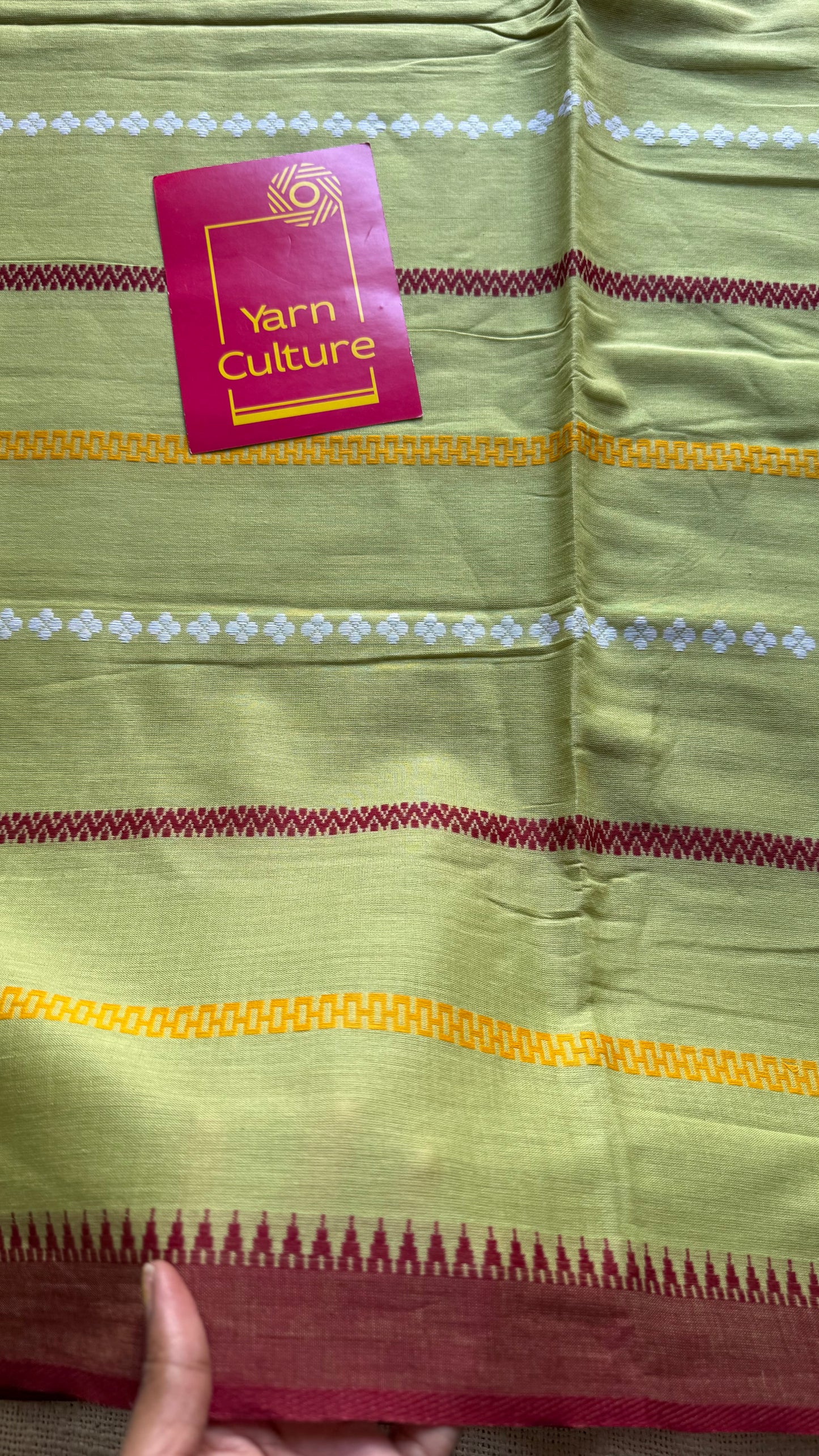 Dhonekhali handloom soft cotton saree, light green with maroon, yellow and white woven stripes - YCBCDFE264
