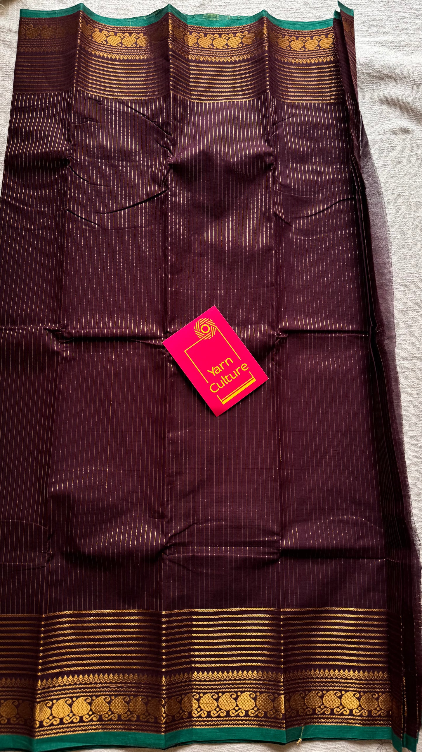 Kanchi cotton saree, brownish maroon with gold stripes, paisley border - YCCOTNAP93