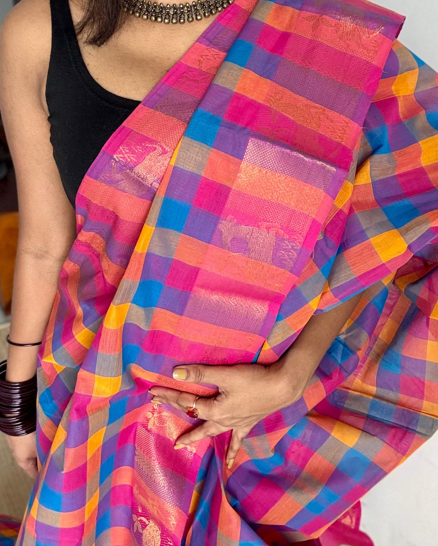 Multicolour Chettinad cotton saree with paalum pazhamum checks (pink, violet, blue, orange) - YCCOTNCCFE341