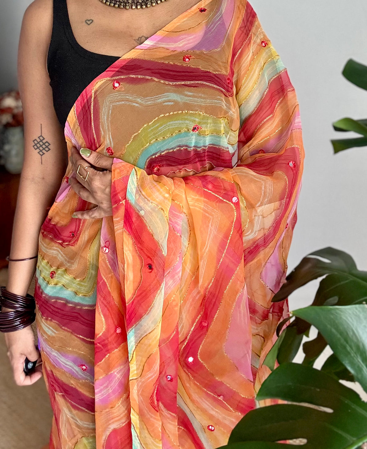 Red orange multicoloured leheriya chiffon saree with mirror work  - YCTORLOC96