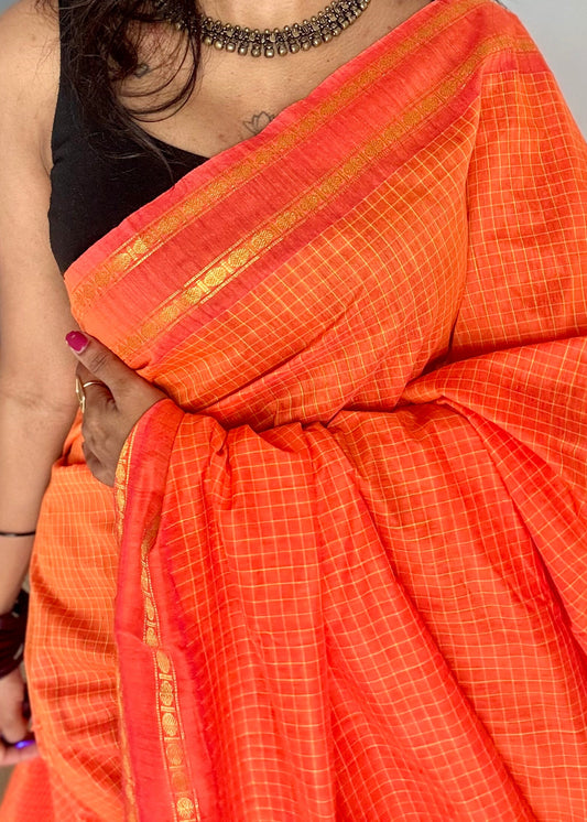 Bright orange, arani checks, cotton silk - YCCOTNOCAR05