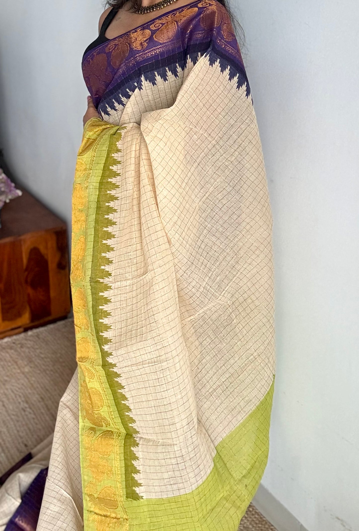 Sungudi cotton checks, ivory gold base, purple and neon green dual tone border, soft cotton - YCCOTNGJJA178