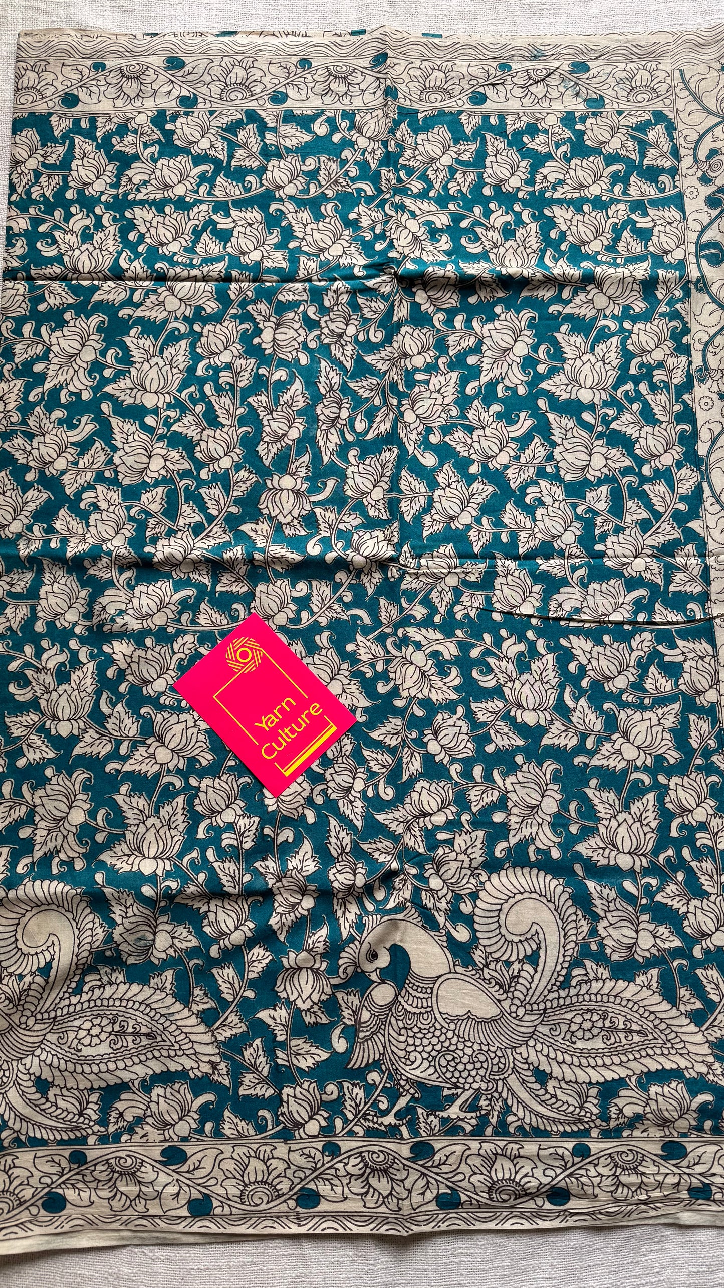 Teal with beige kalamkari, floral vines, soft cotton - YCWOTDOCMP89