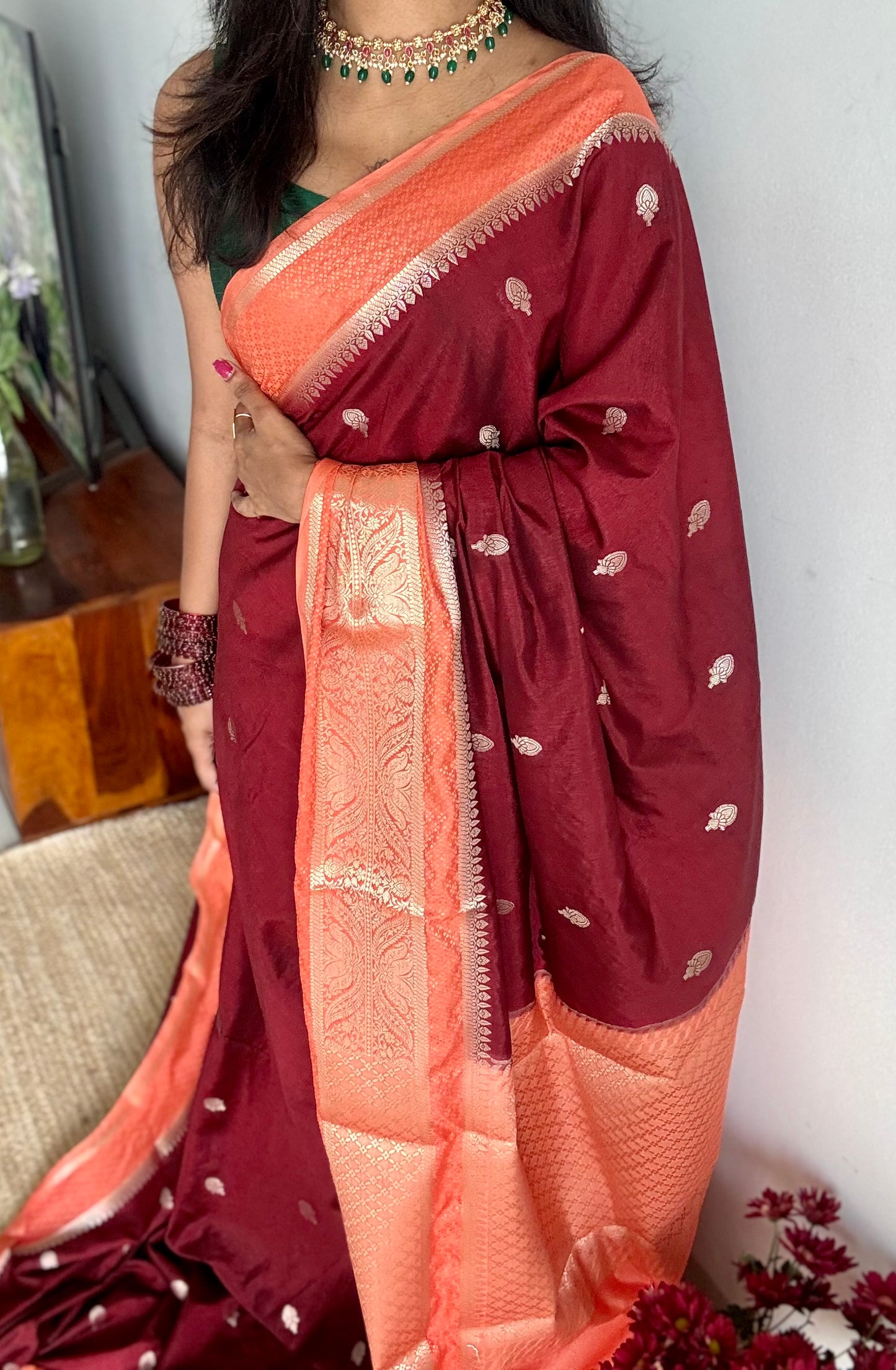 Maroon with peach border, Banarasi semi-silk - YCDESE02