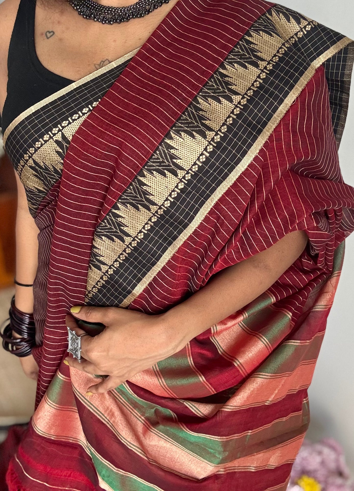 Maroon striped premium narayanpet soft cotton, with temple motif and checkered border - YCWOTDNPNO86