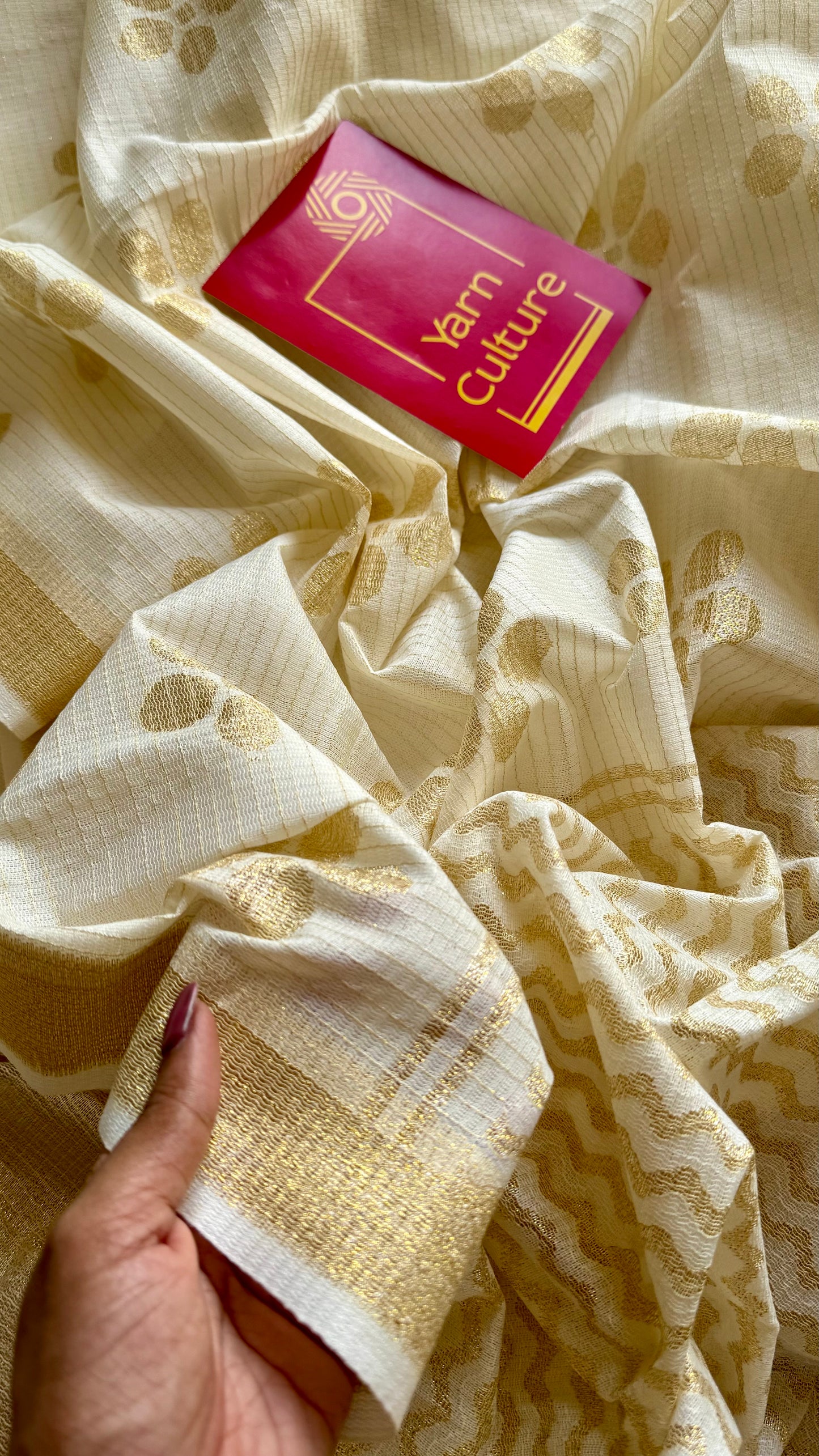 Ivory and gold soft net cotton saree, gold floral prints - YCIEON64