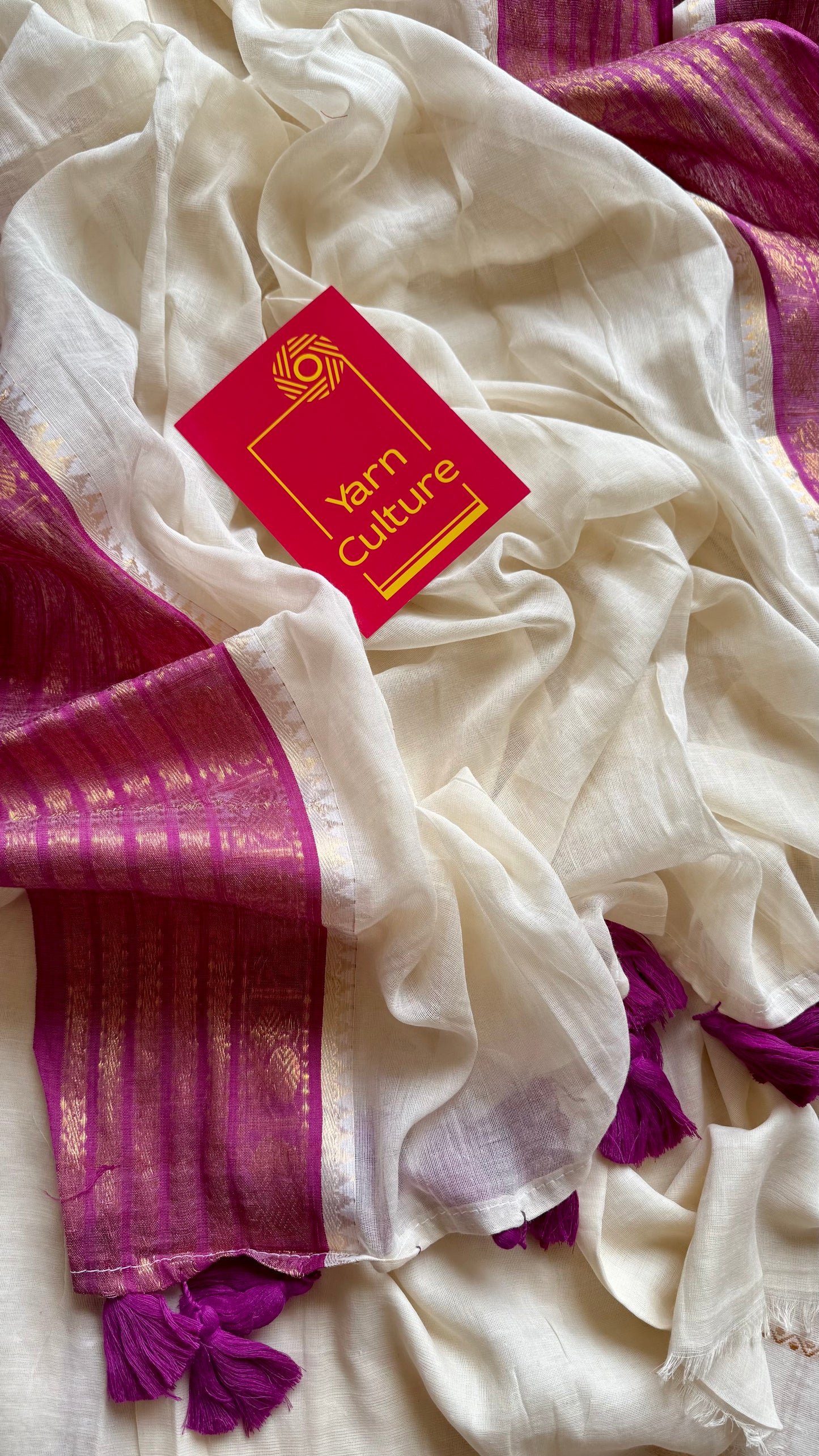 Ivory mul saree, purple pink kanchi border - YCIEON17