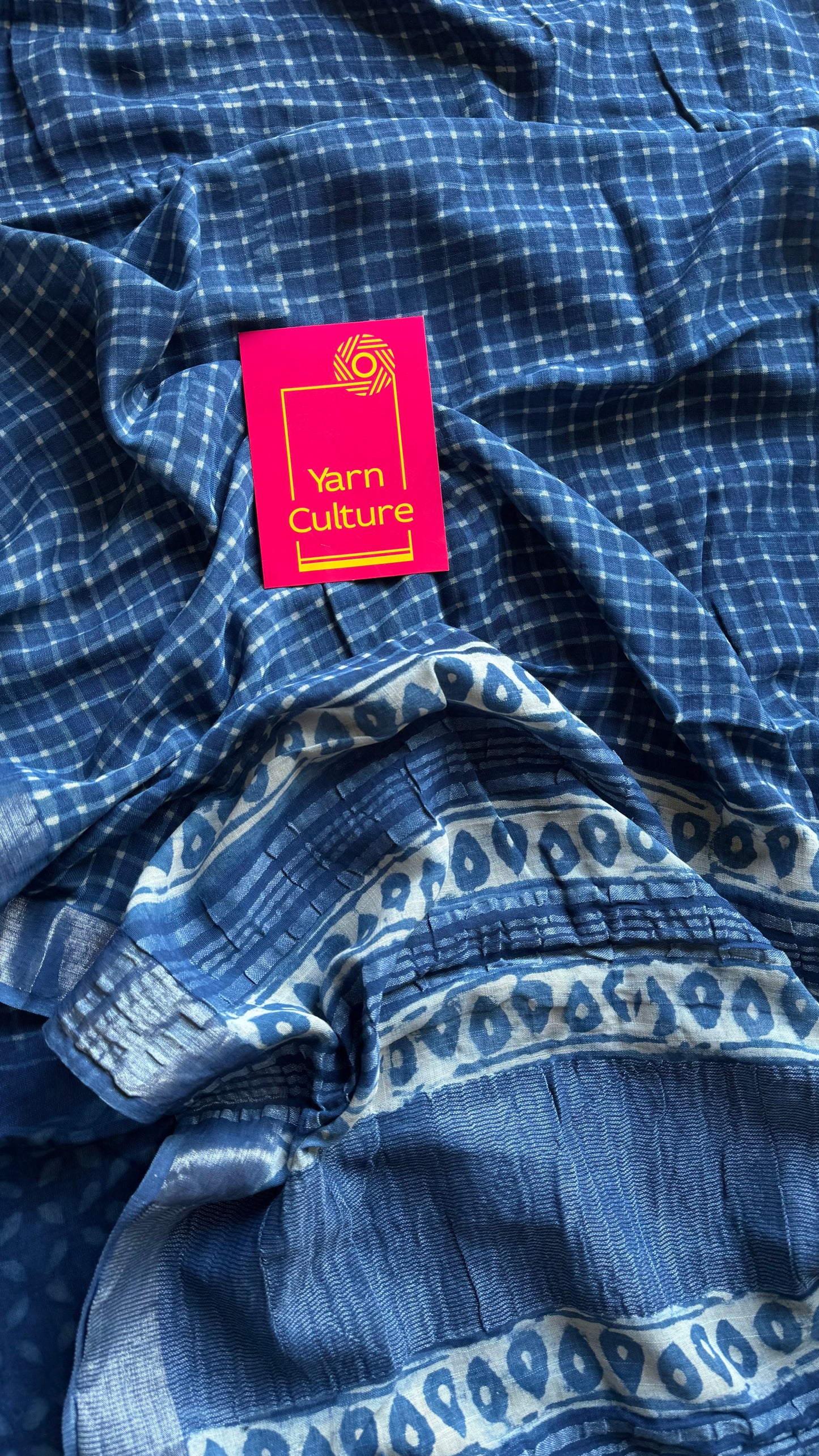 Indigo linen, small checks, silver zari border -YCTORNOP17