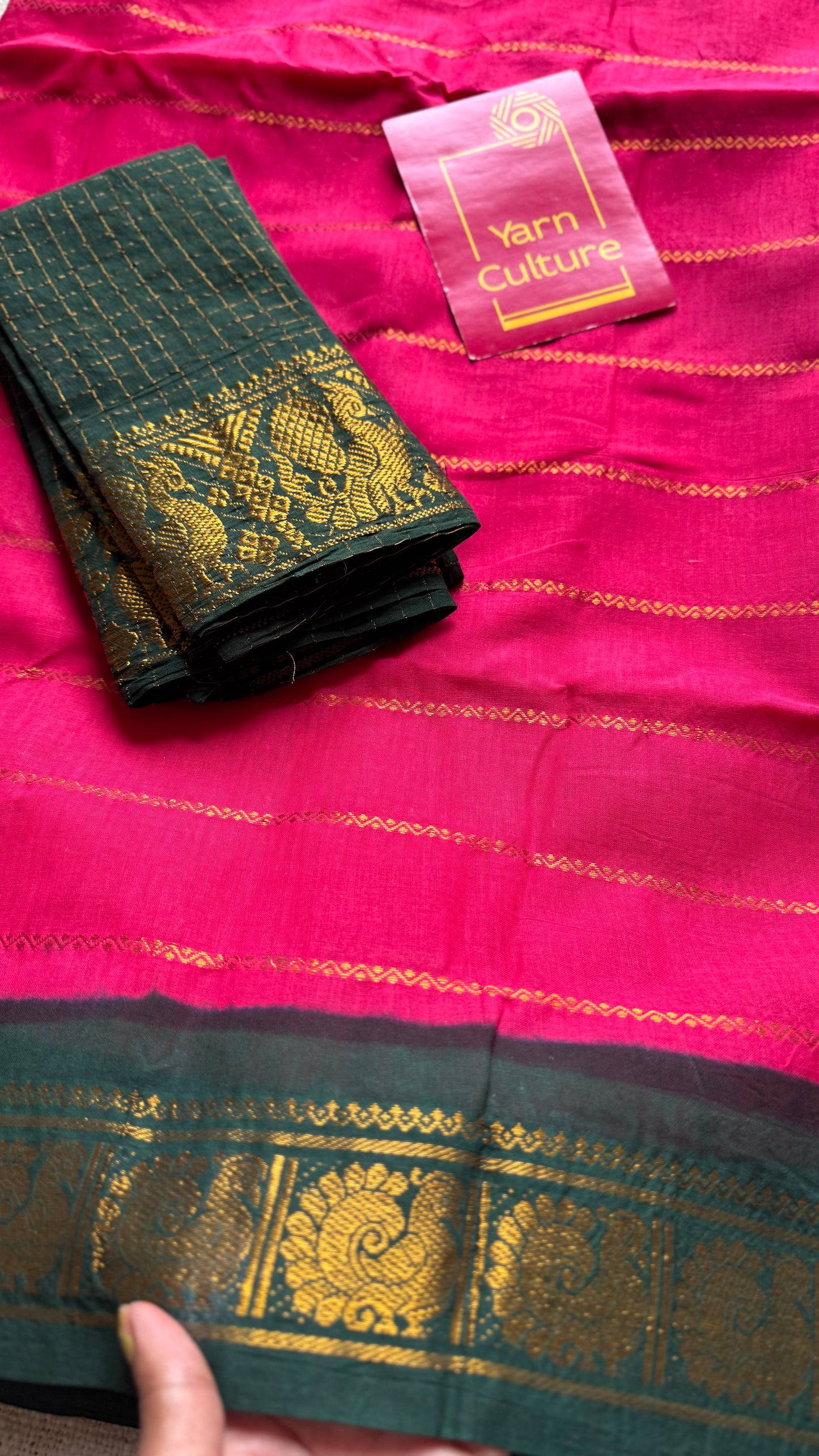 Hot pink with dark green veldhaari, kattuchayam dyed, madurai cotton - YCCOTNSEMS94