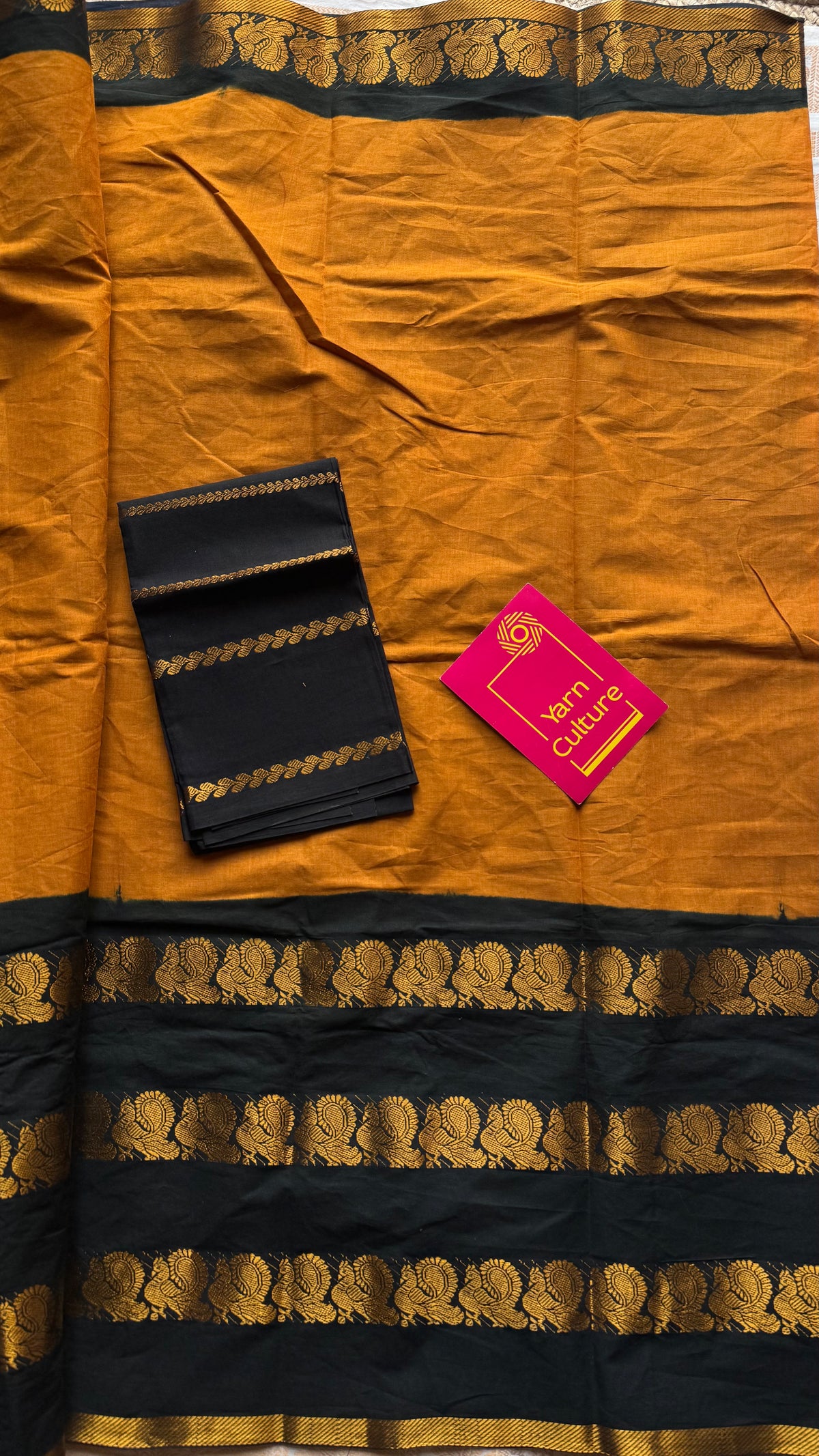 Turmeric yellow with black, cotton half and half saree - YCCOTNIDOC138