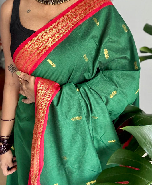 Green with red, cotton silk saree with zari border - YCCOTNKCOC108