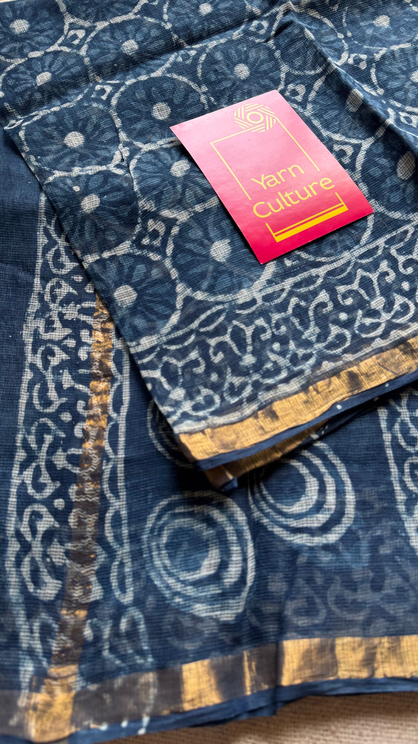 Neel Full Volume - indigo floral kota doria saree, with gold zari border - YCTORKDAP06