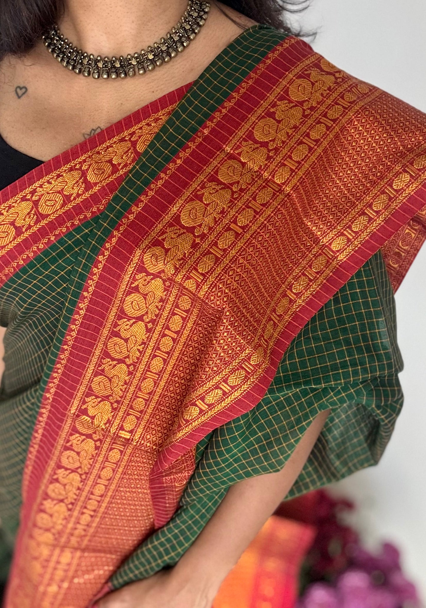 Dark green checks with zari border, premium narayanpet, soft cotton - YCWOTDFEBB12