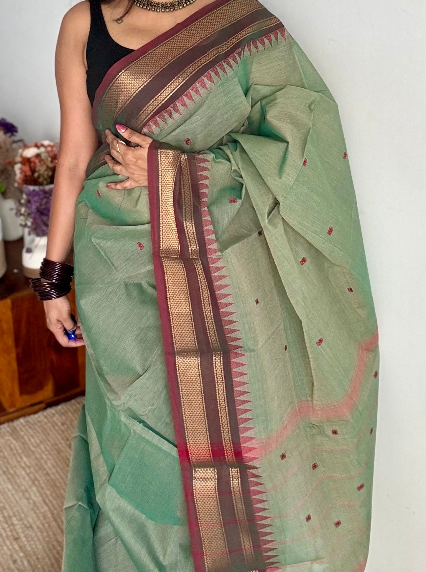 Kanchi cotton saree, mint green with brown khun inspired zari border - YCCOTNAP81