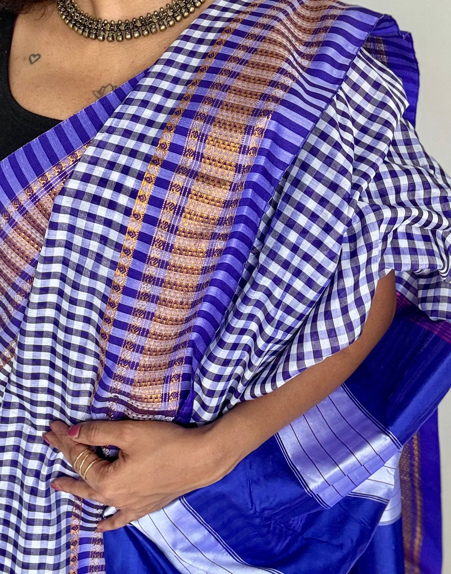llkal blue and white checks with chikki paras border, soft cotton - YCLOKICAP228
